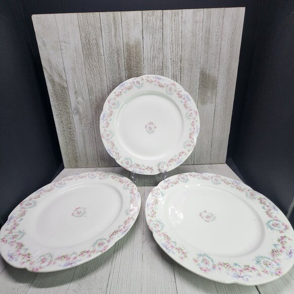 Vintage Bassett Limoges Dinner Plates Pink White Flower Austria 9.5 in Set Of 3 - Picture 2 of 11